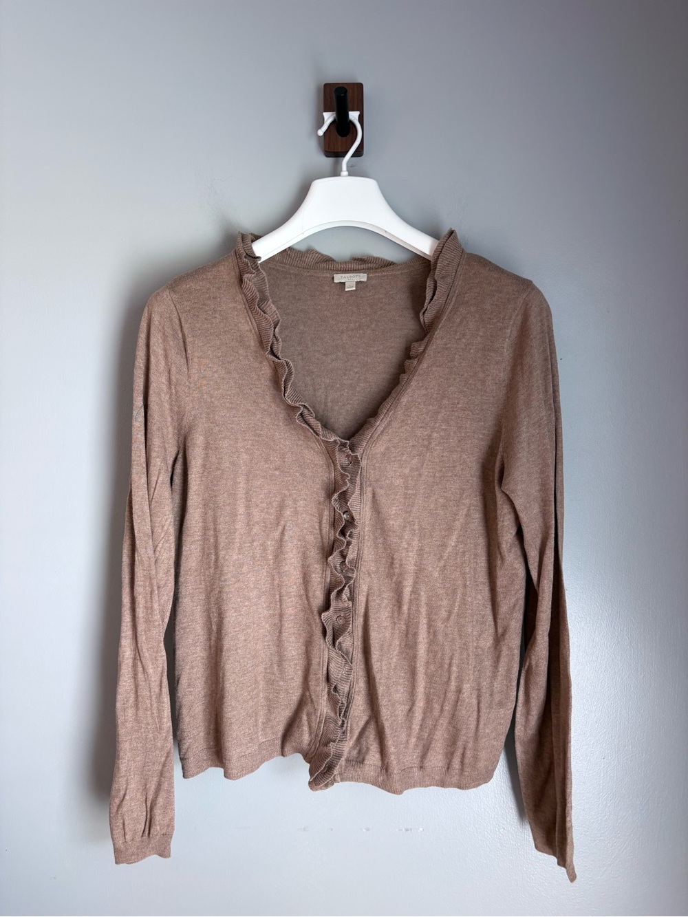 Talbots Womens L Brown Tan Ruffle Trim V-Neck Button Front Cardigan Sweater